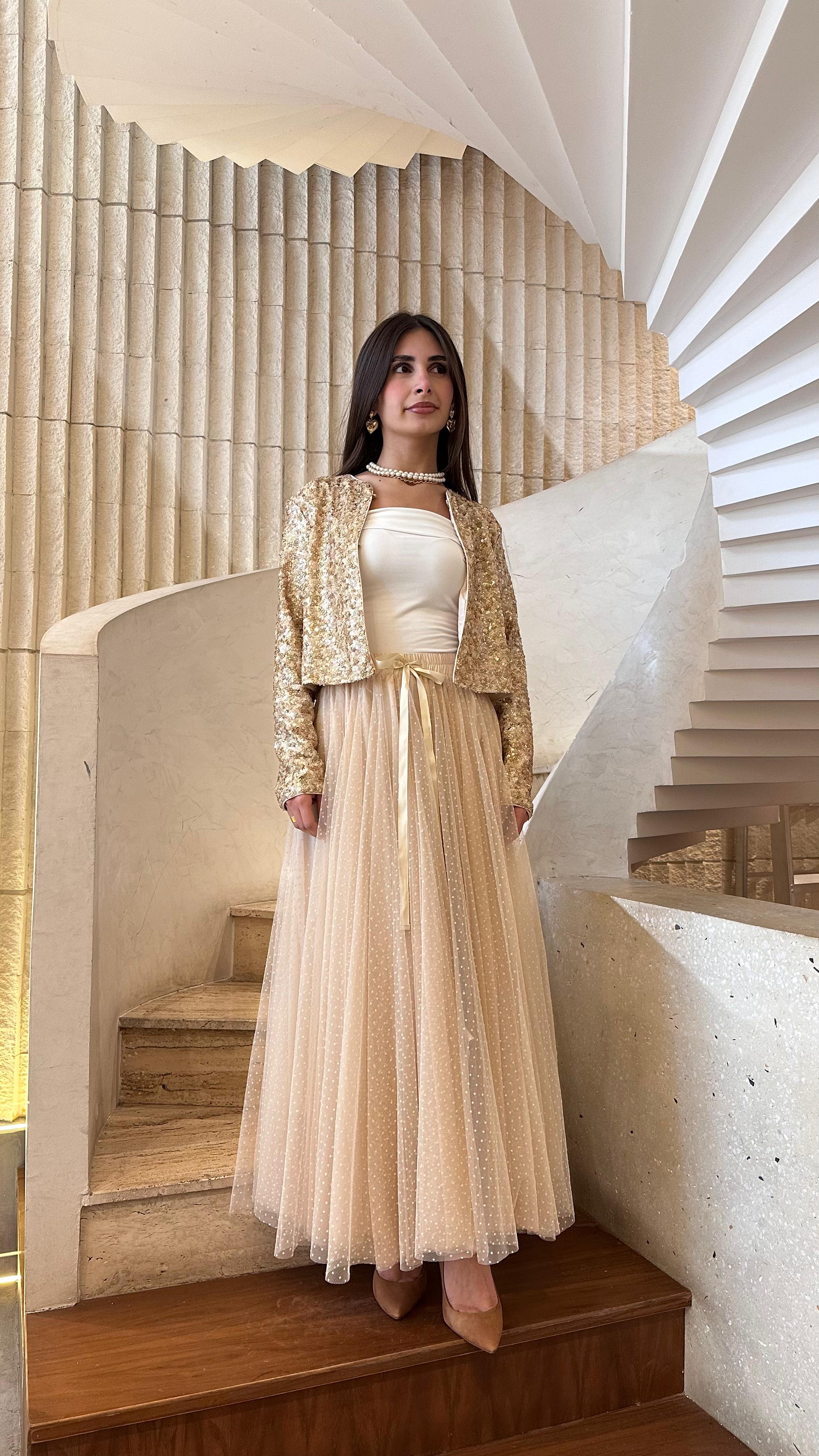 08077-3 White Dot Long Tulle Skirt تنورة تول طويلة