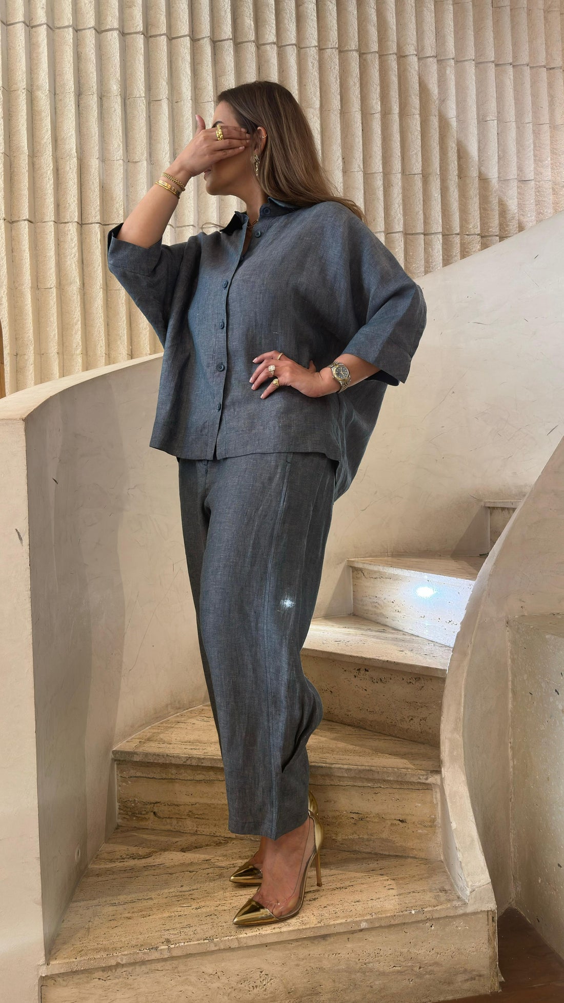 26S-1092/8093 Oversized Linen Shirt and Pants قميص وبنطال من الكتان واسع - Brown Loft