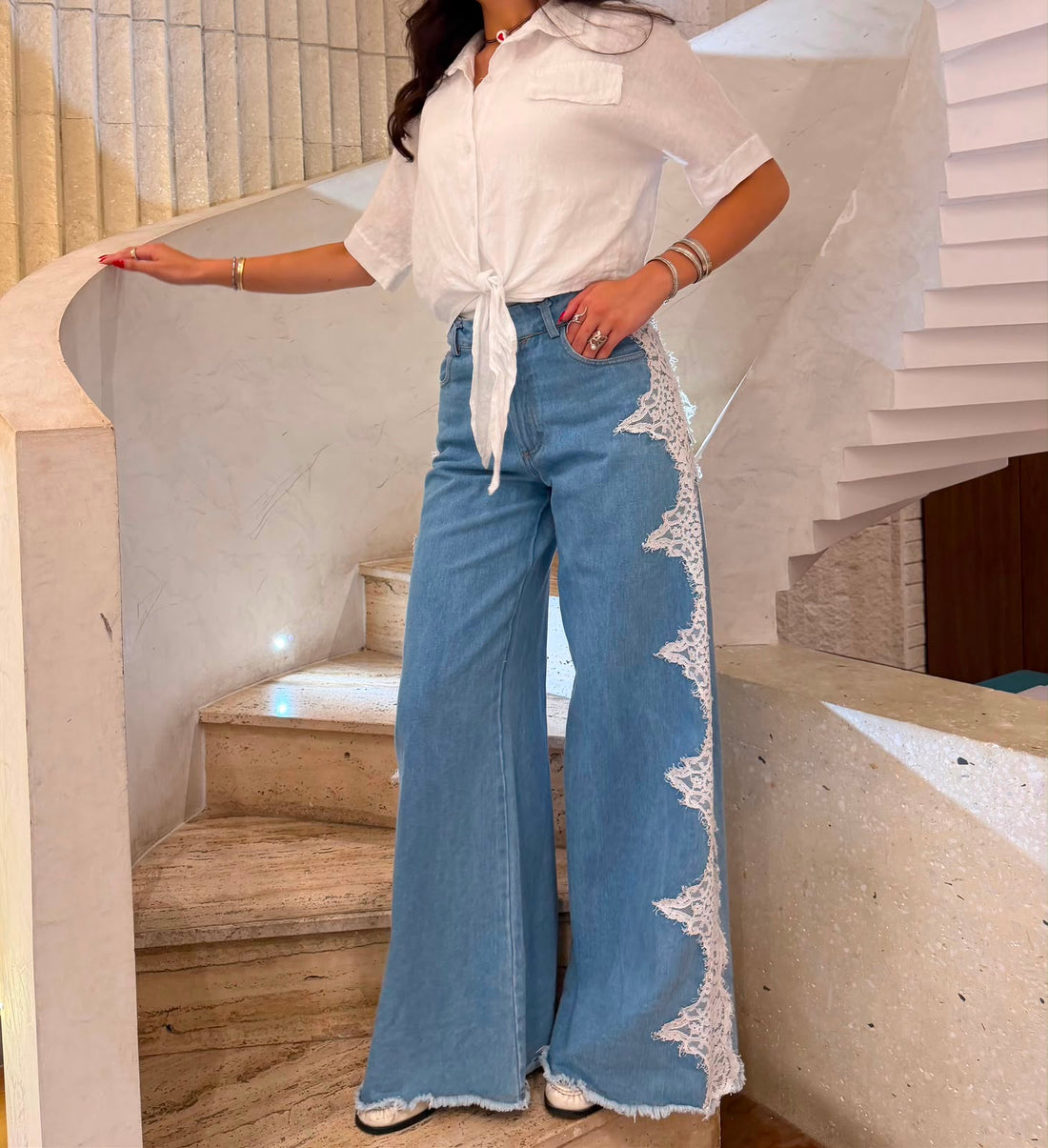 BCG0280-10 Denim Pants with Floral Lace