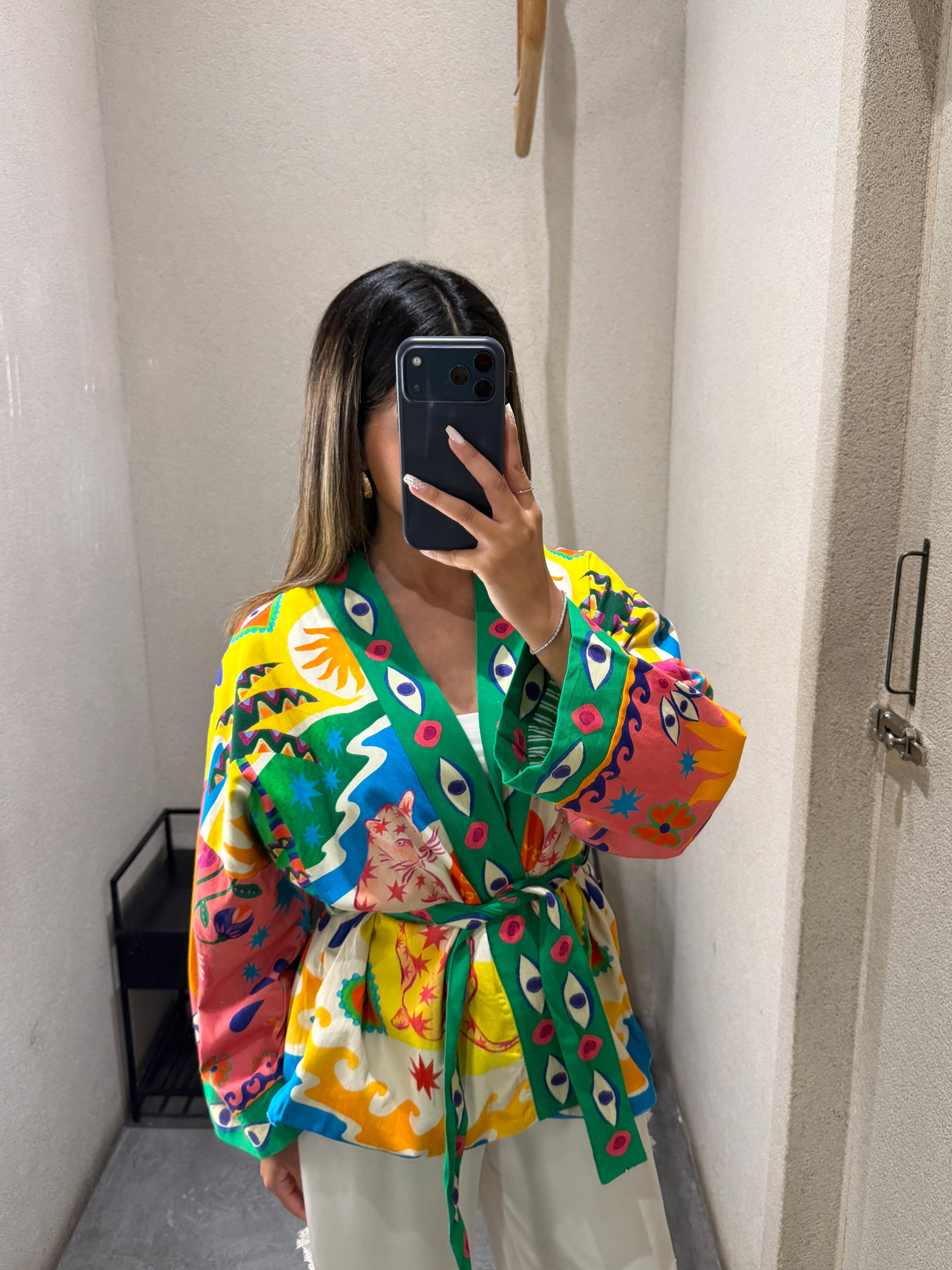 Green Illustrative Graphics Belted Kimono 67058