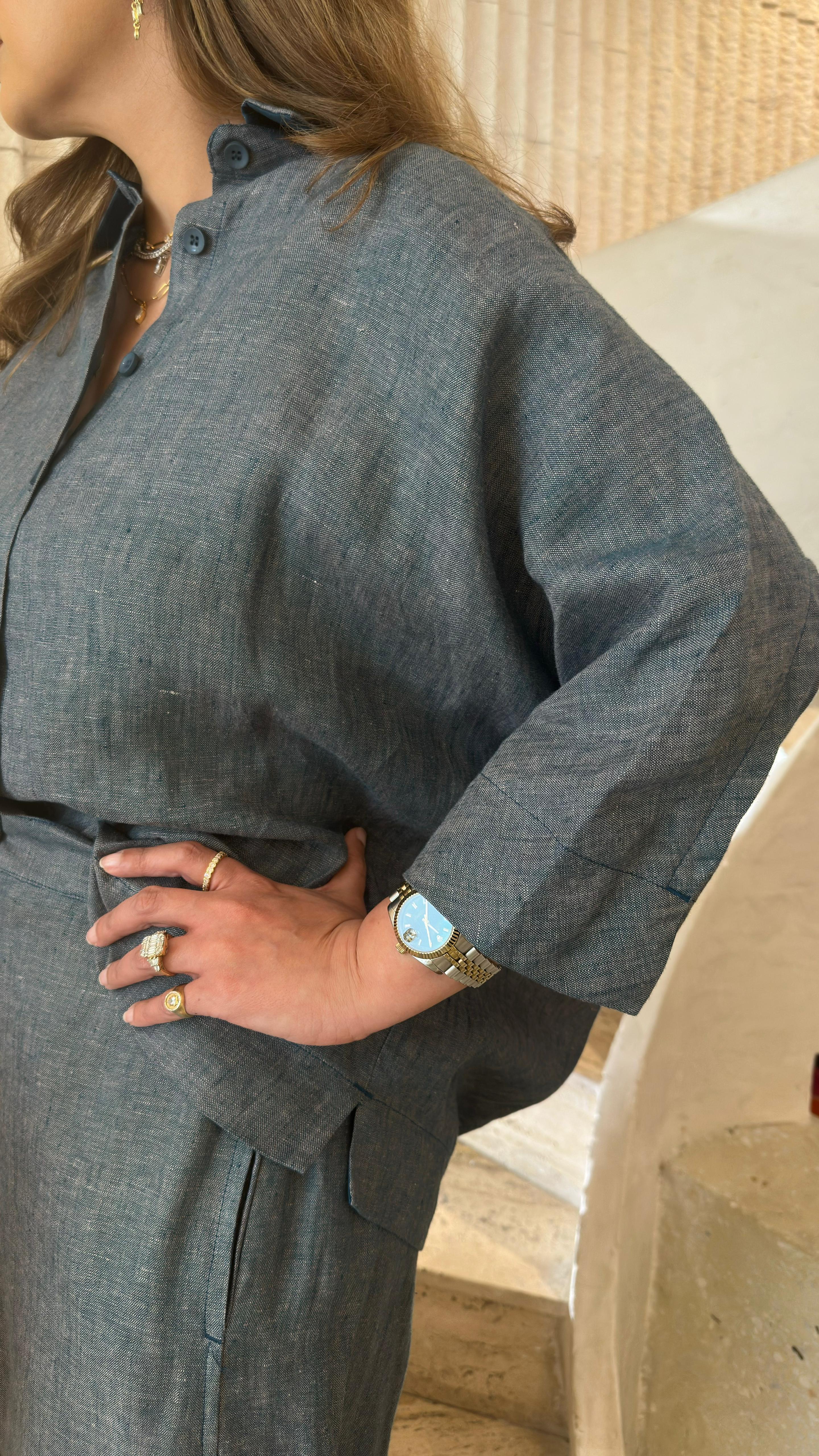 26S-1092/8093 Oversized Linen Shirt and Pants قميص وبنطال من الكتان واسع - Brown Loft
