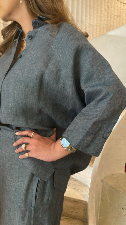 26S-1092/8093 Oversized Linen Shirt and Pants قميص وبنطال من الكتان واسع - Brown Loft