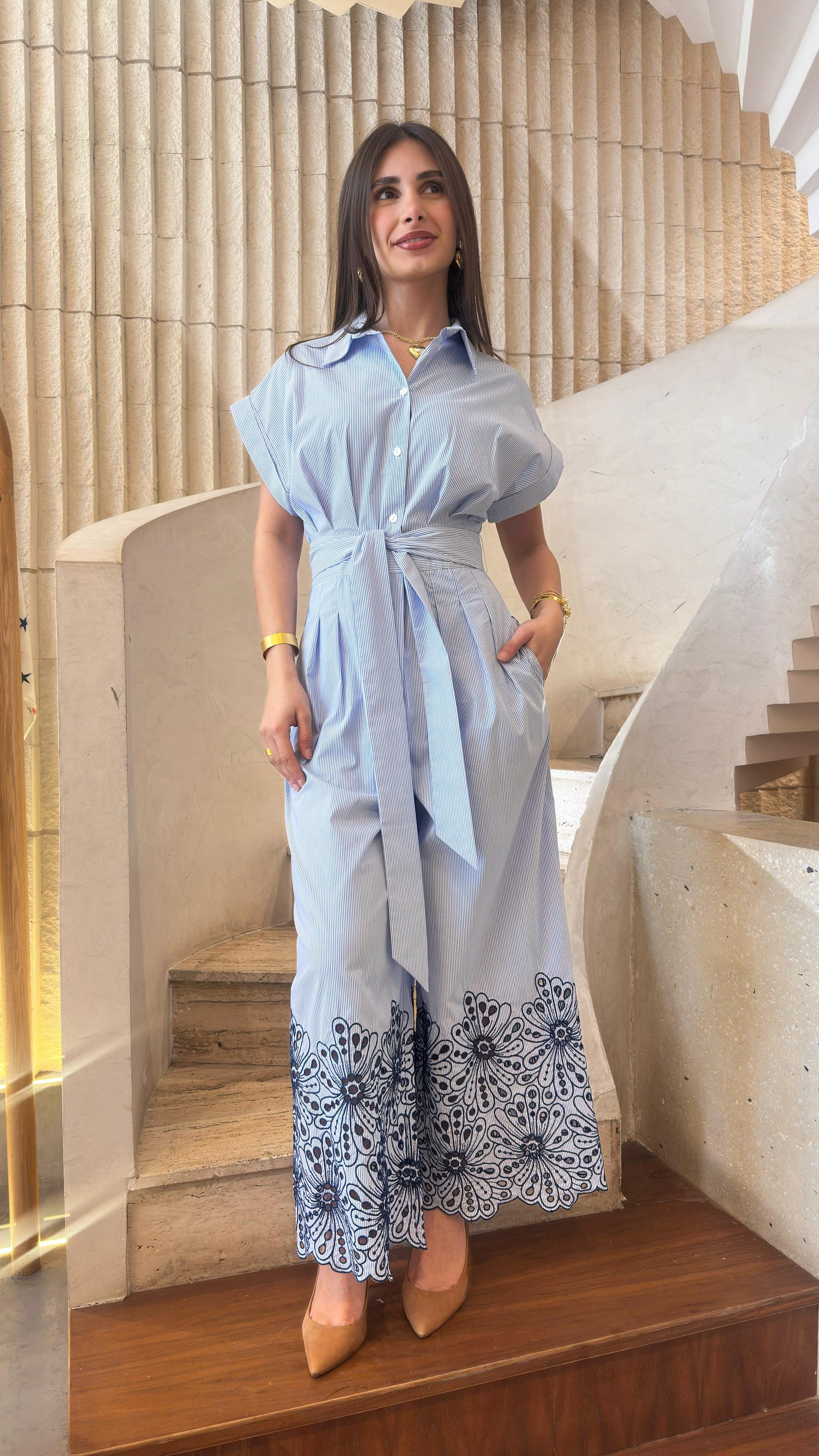 6219001 Striped Belted Jumpsuit جمبسوت مخطط بحزام - Brown Loft