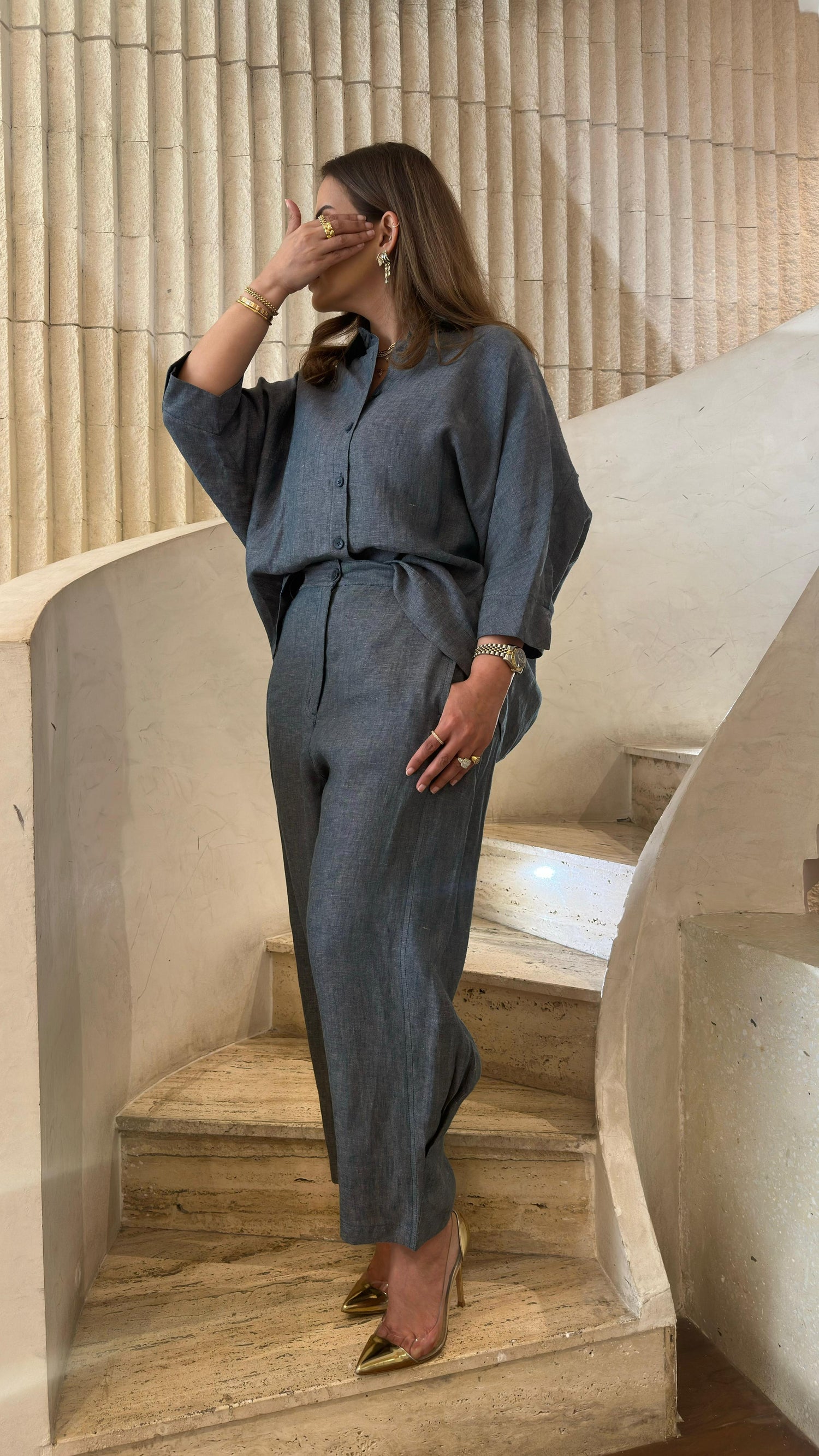 26S-1092/8093 Oversized Linen Shirt and Pants قميص وبنطال من الكتان واسع - Brown Loft