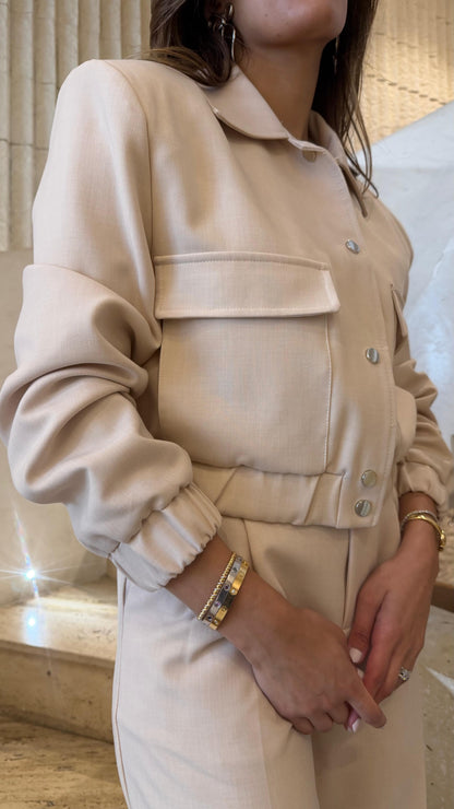 V2575 SET Bomber Jacket and Wide Leg Pants سترة بومبر وبنطال واسع الساق - Brown Loft