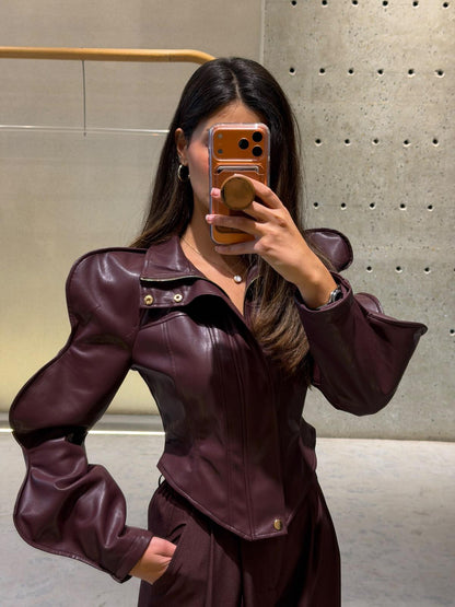 T2215 Faux Leather Cropped Jacket