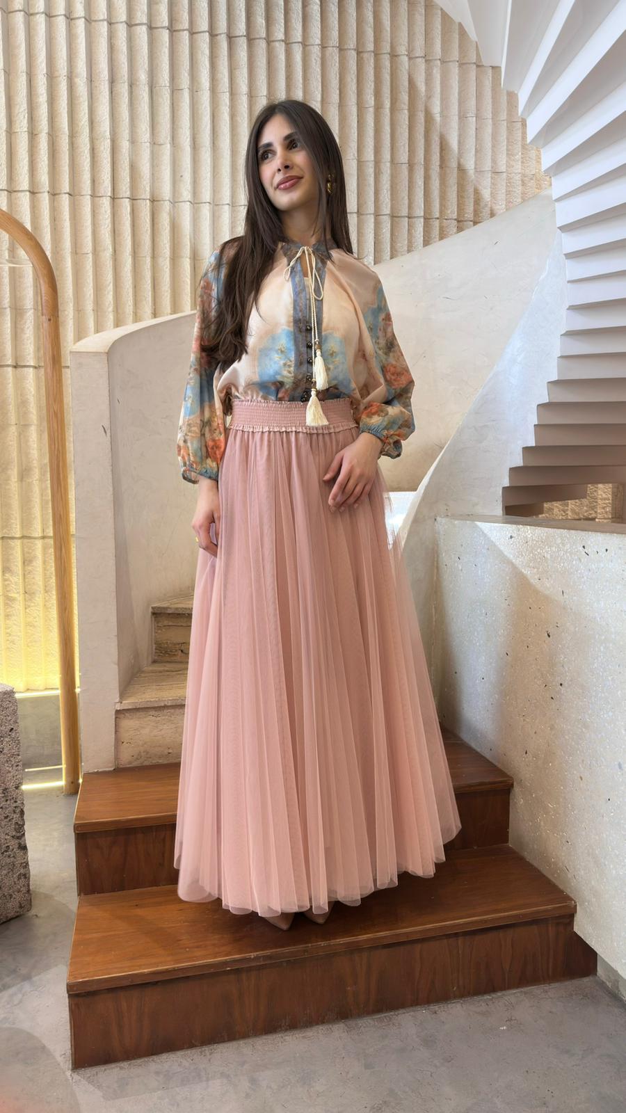08365 Long Tulle Skirt  تنورة تول طويلة - Brown Loft