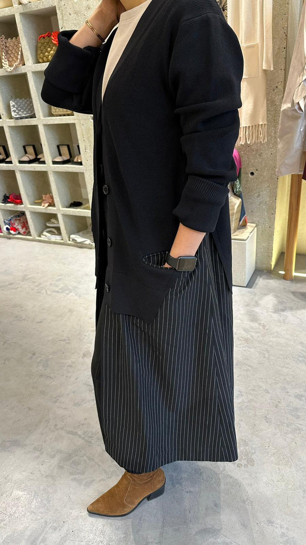 COBDC6051 Rib and Striped Long Cardigan سترة طويلة مضلعة ومخططة