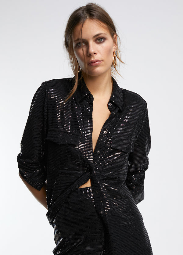 LF2415023 (Collared Sequins Knit Long Shirts) قمصان طويلة متماسكة بالترتر بياقة