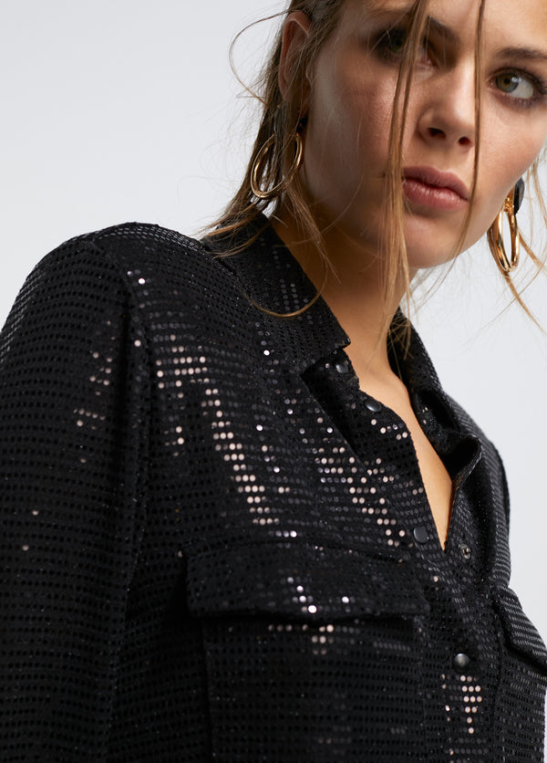 LF2415023 (Collared Sequins Knit Long Shirts) قمصان طويلة متماسكة بالترتر بياقة