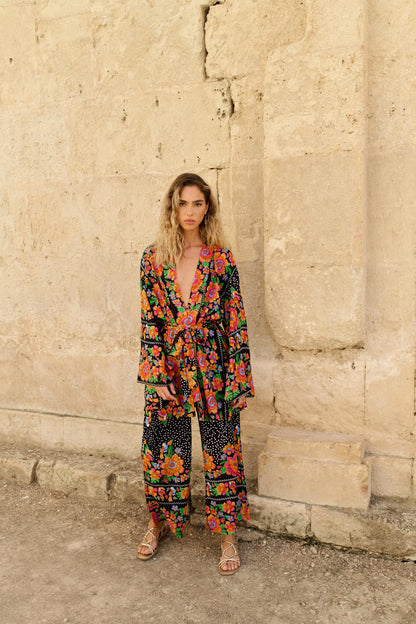 I121 Floral Printed Belted Long Cardigan with Matching Wide Leg Pants - Brown Loft