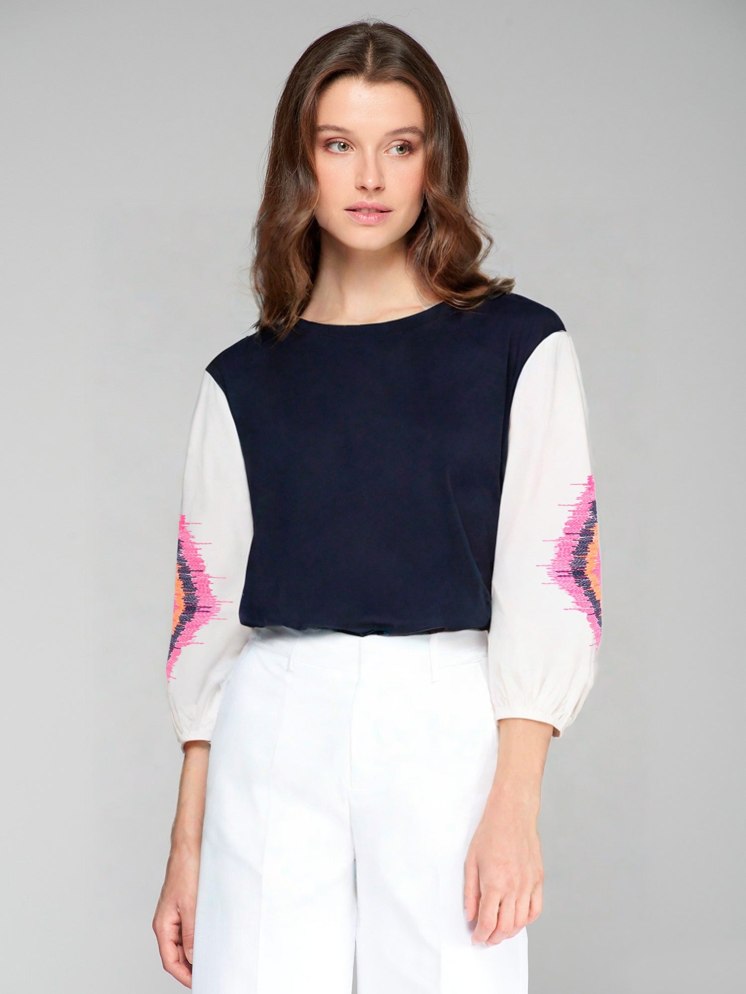 32541 Round Neck Balloon Sleeve Top with Ikat Embroidery - Brown Loft