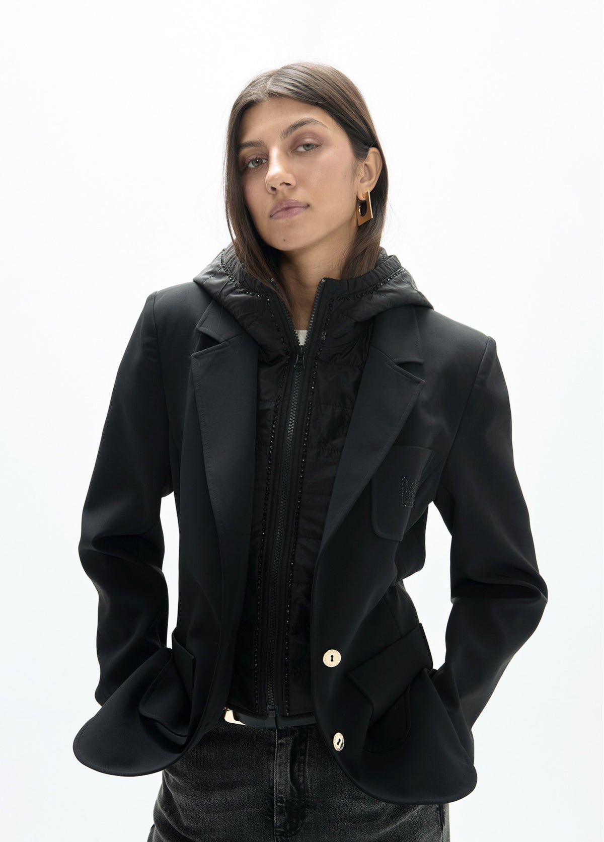 LF2602011 Buttoned Collared Hooded Jacket