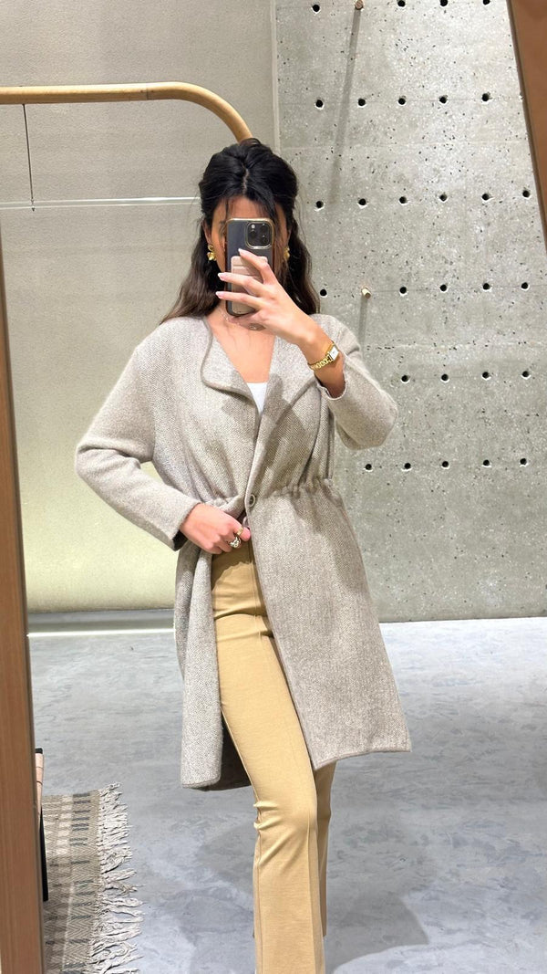 24W-6089 Herringbone Patterned Wool Long Coat معطف طويل من الصوف بنقشة متعرجة