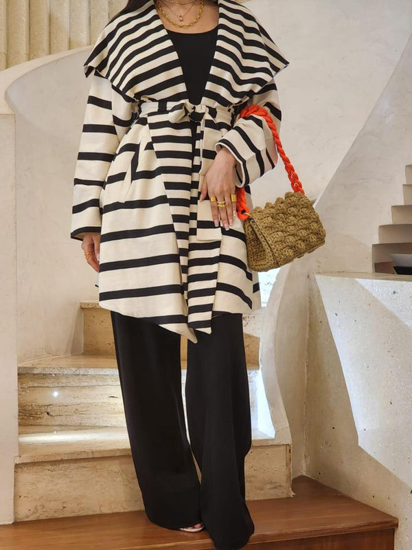 24K7 Striped Cotton Long Belted Jacket سترة قطنية مخططة بحزام طويل