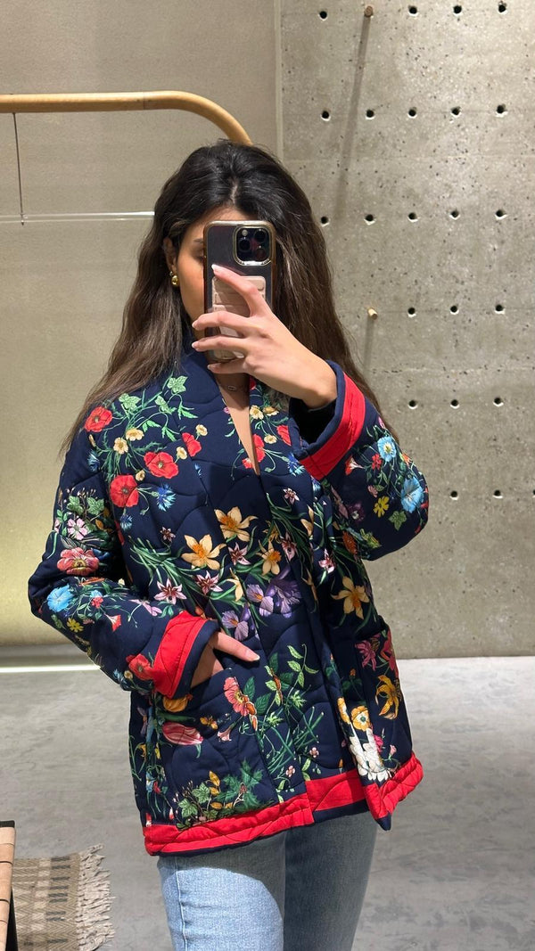 KD7280-10 Quilted Floral Printed Jacket سترة مبطنة بطبعات الأزهار