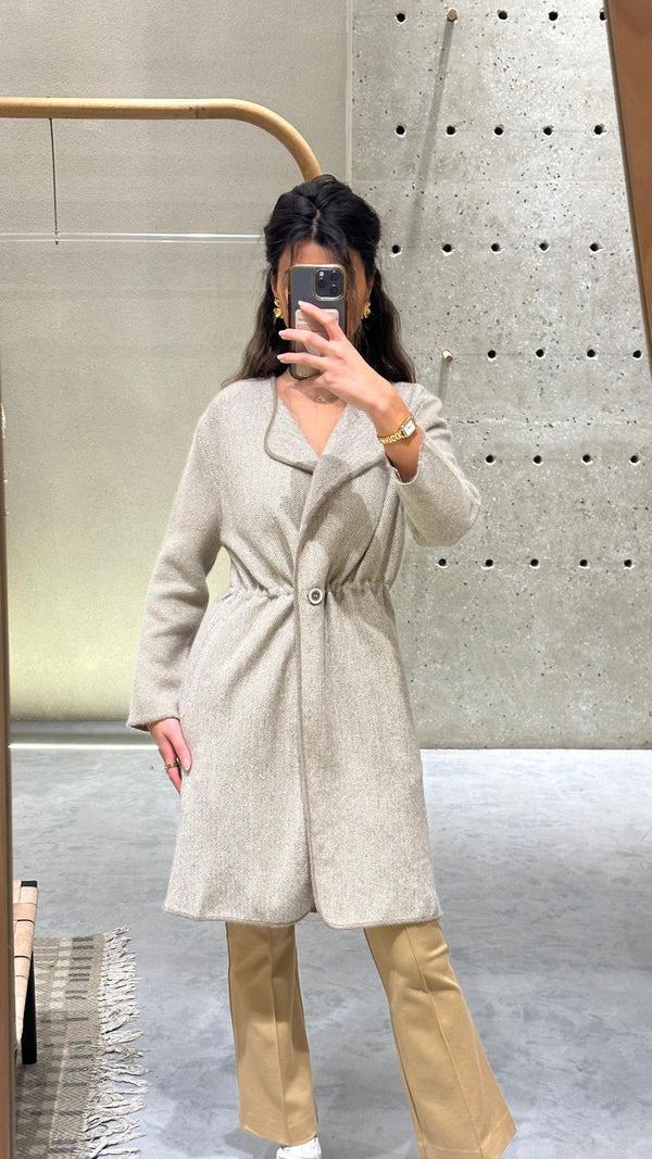 24W-6089 Herringbone Patterned Wool Long Coat معطف طويل من الصوف بنقشة متعرجة