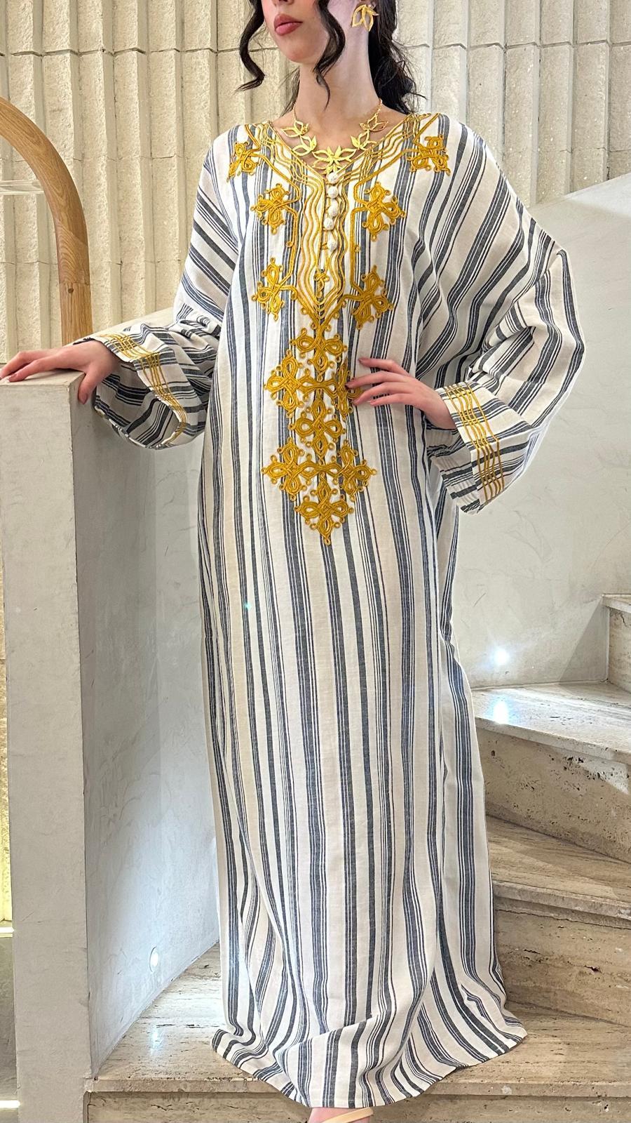 Striped Embroidered Long Kaftan - AWS2-857/25 - Brown Loft