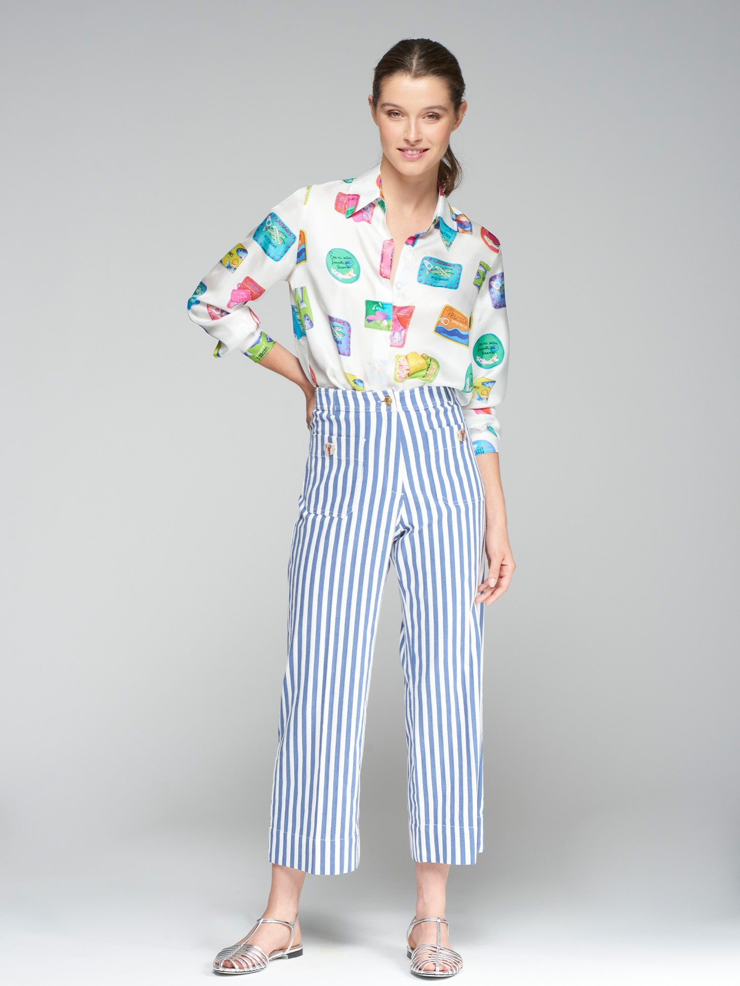 32475 Buttoned Zippered Straight Cut Striped Pants - Brown Loft