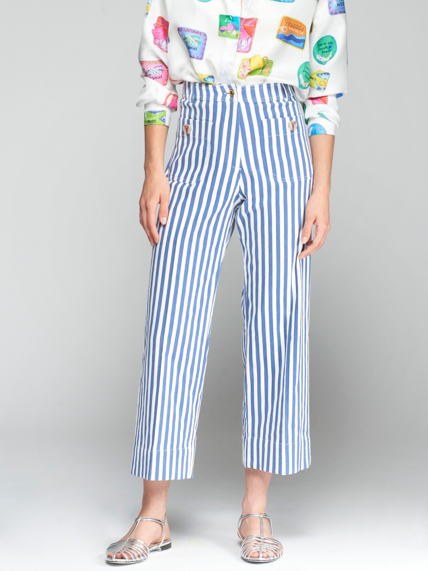 32475 Buttoned Zippered Straight Cut Striped Pants - Brown Loft