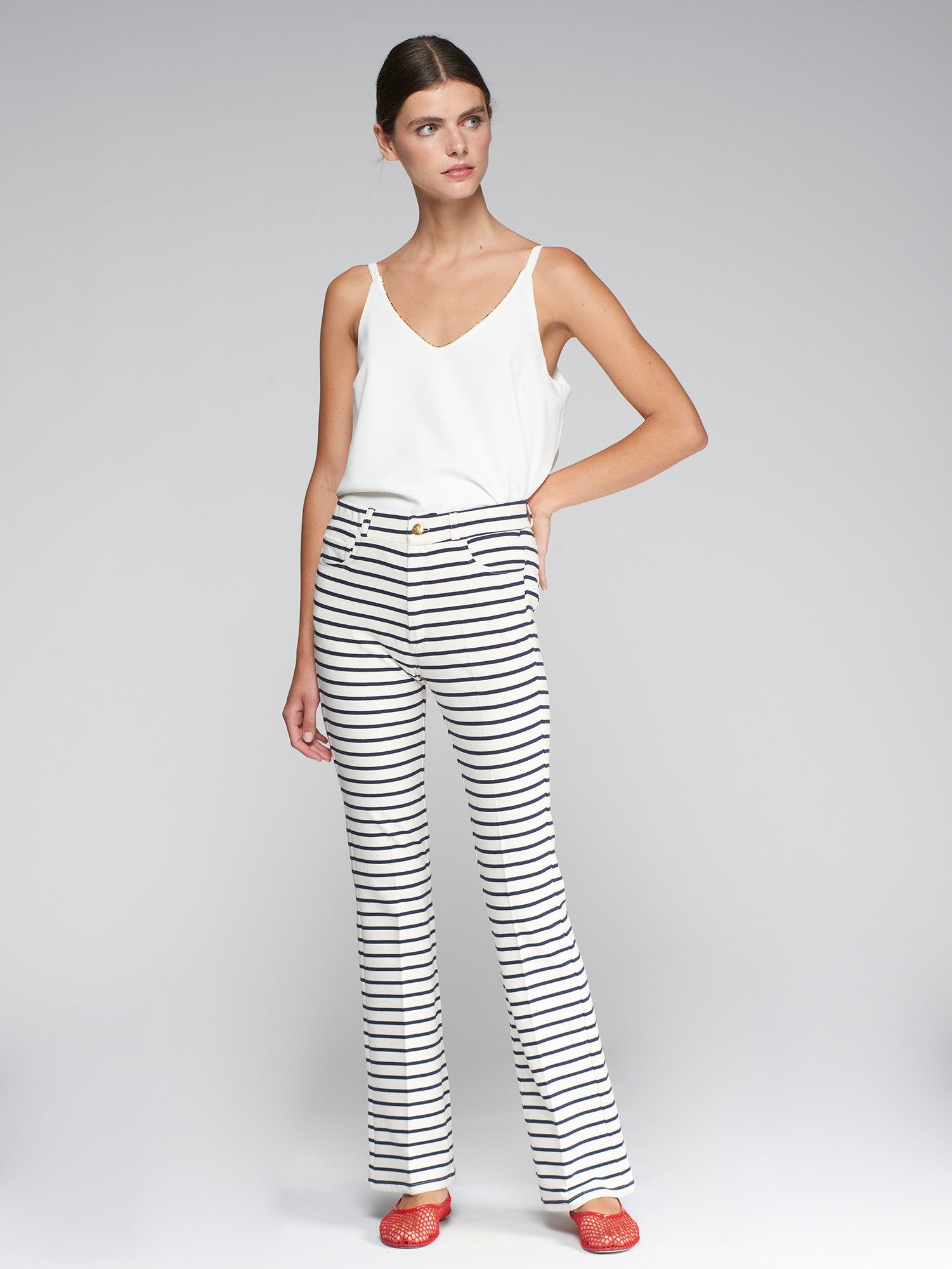 Navy Striped Flared Knit Pants - Brown Loft