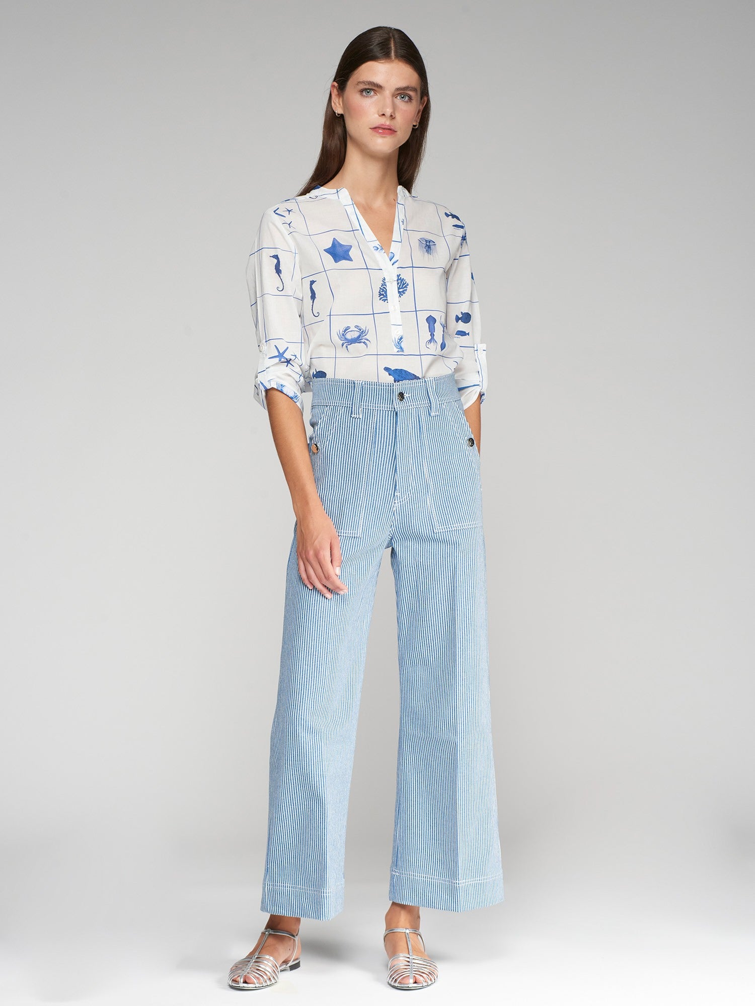 32118 Buttoned Zippered Blue Striped Denim Pants - Brown Loft