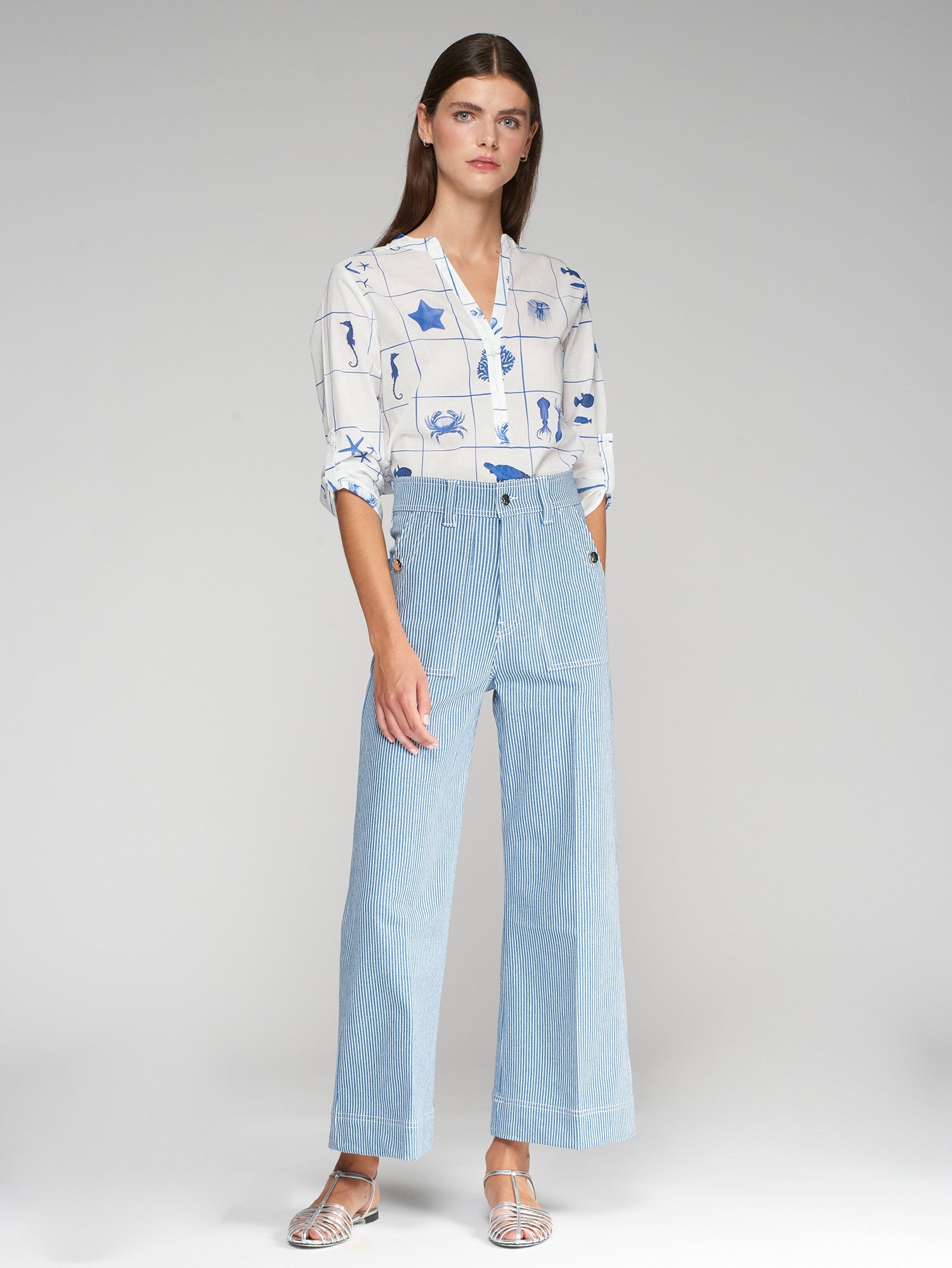 32118 Buttoned Zippered Blue Striped Denim Pants - Brown Loft