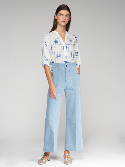 32118 Buttoned Zippered Blue Striped Denim Pants - Brown Loft