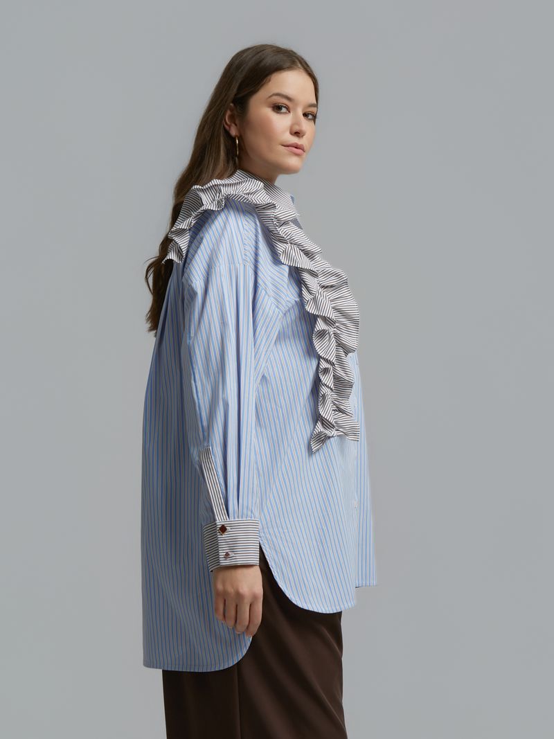 Asymmetric Ruffle Striped Shirt 8601.3018