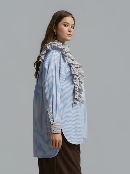 Asymmetric Ruffle Striped Shirt 8601.3018