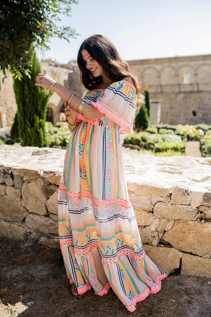 I208 Off Shoulder Bohemian Maxi Dress - Brown Loft