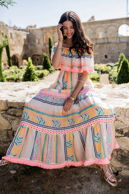 I208 Off Shoulder Bohemian Maxi Dress - Brown Loft