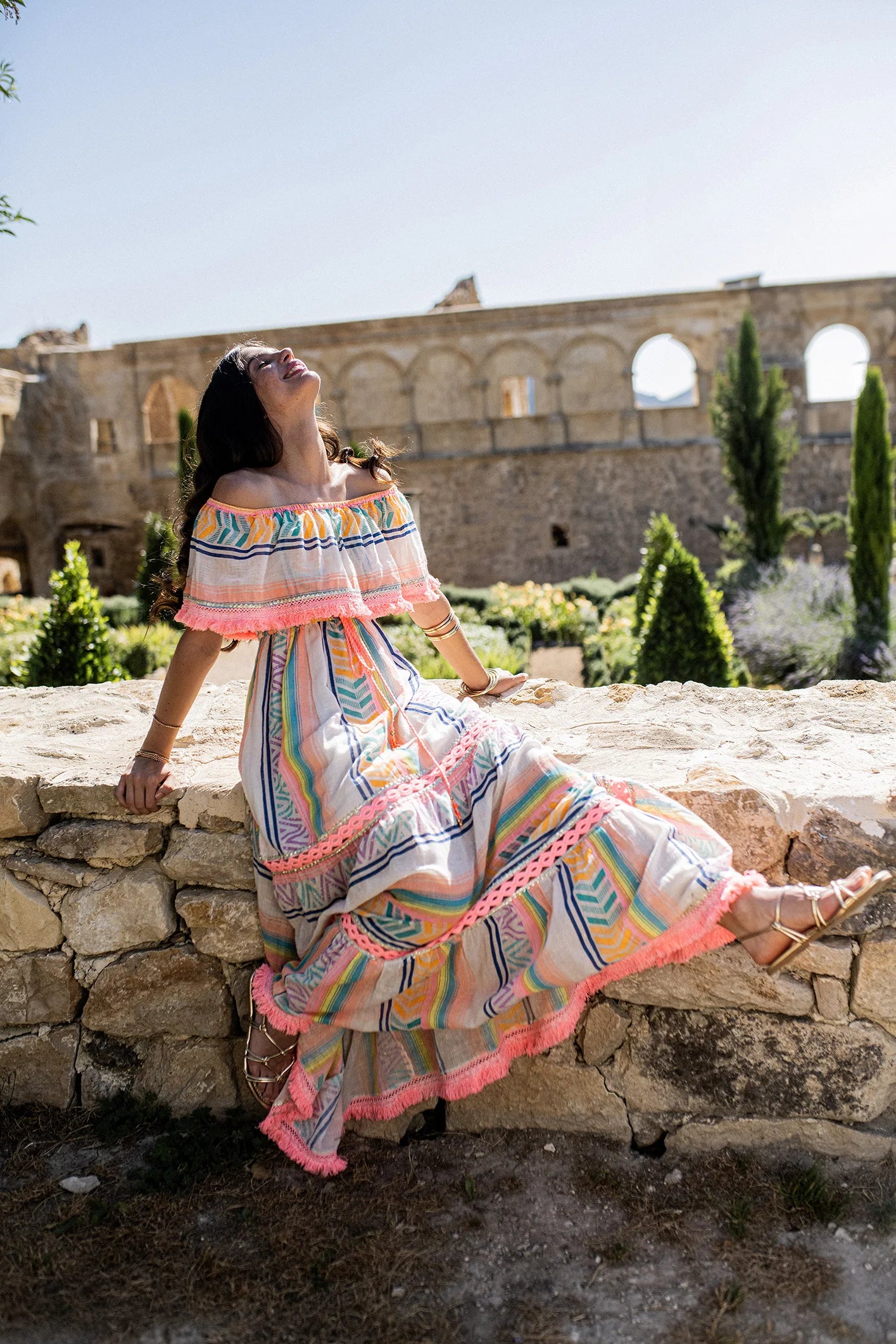 I208 Off Shoulder Bohemian Maxi Dress - Brown Loft