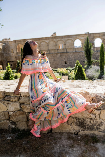 I208 Off Shoulder Bohemian Maxi Dress - Brown Loft