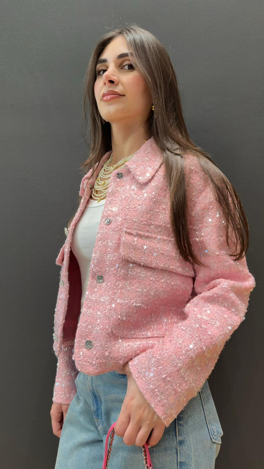 LS2602037 Tweed Sequins Short Jacket سترة قصيرة من التويد مزينة بالترتر