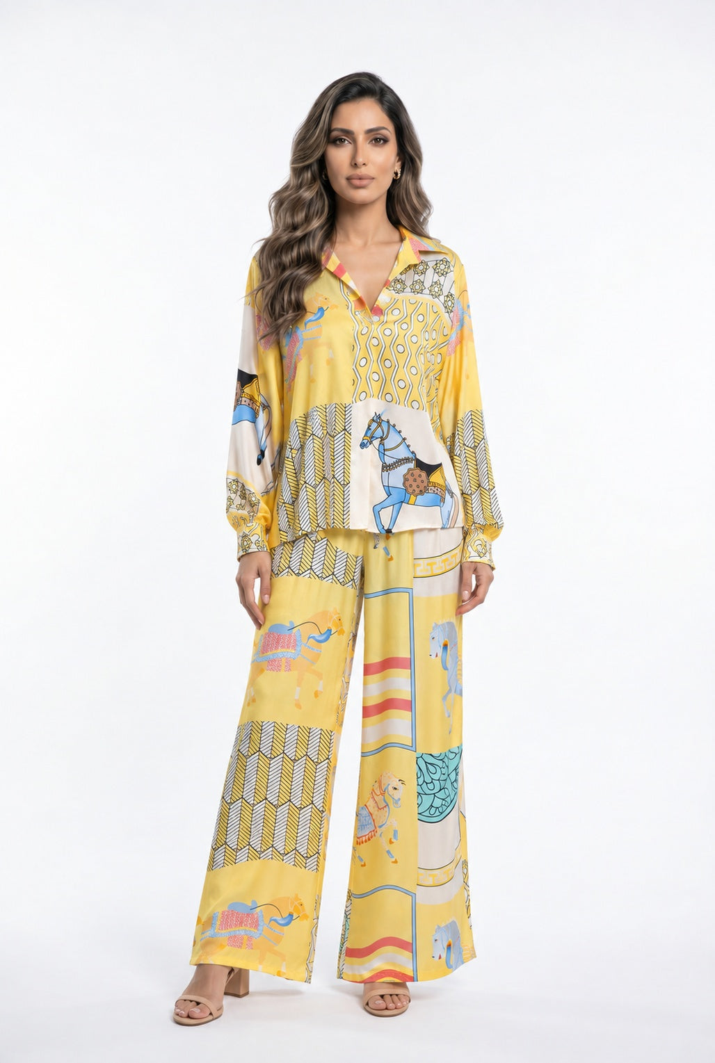 Equestrian Printed Satin Top and Pant Set KD7635VS/66375-20