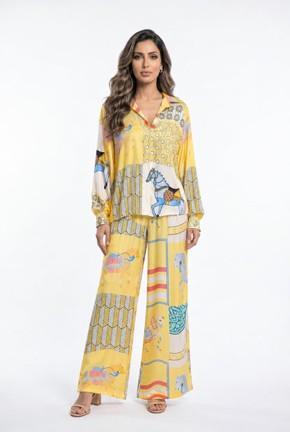 Equestrian Printed Satin Top and Pant Set KD7635VS/66375-20