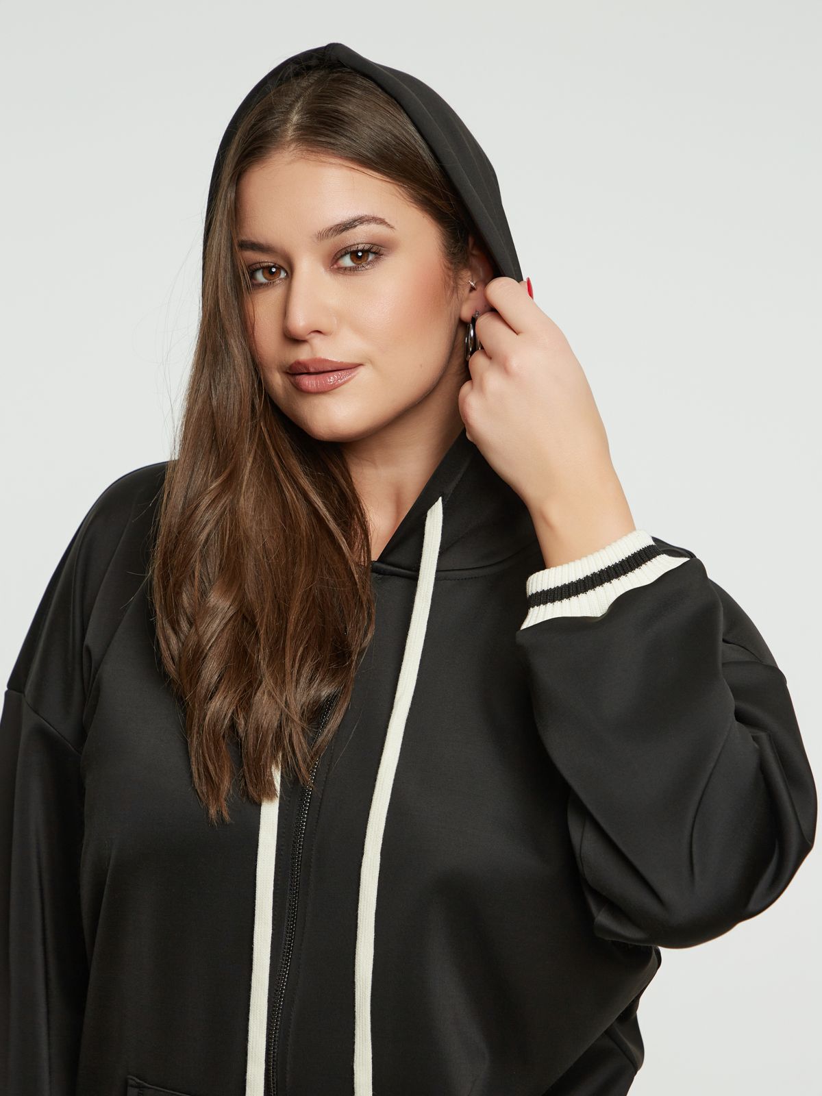 8401.4046 Zippered Hoodie Oversized Jacket - Brown Loft