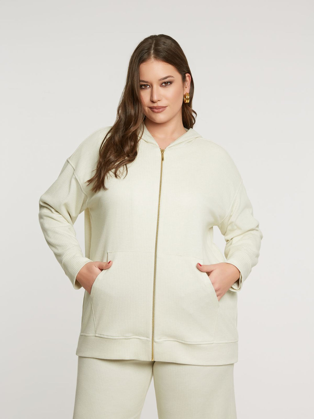 8401.4044/2041 Hoodie Ribbed Jacket and Wide Leg Ribbed Pants - Brown Loft