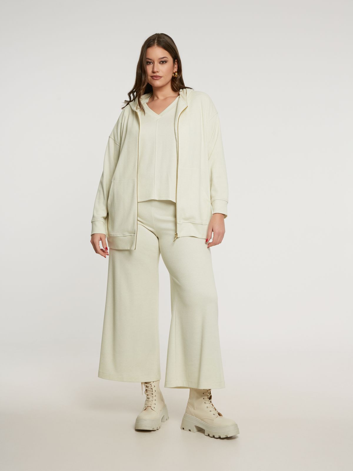 8401.4044/2041 Hoodie Ribbed Jacket and Wide Leg Ribbed Pants - Brown Loft